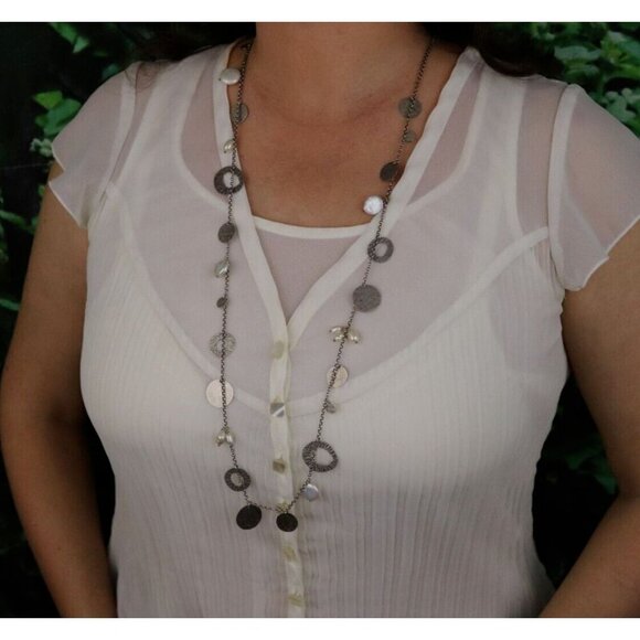 Sterling Silver Pearl & Disc Dangle Necklace Long 36" Silpada Pearl of a Girl - Picture 2 of 8
